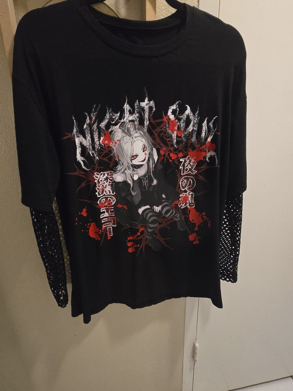 Japanese Anime Style Black Long Sleeve Top with Gothic Print Size L